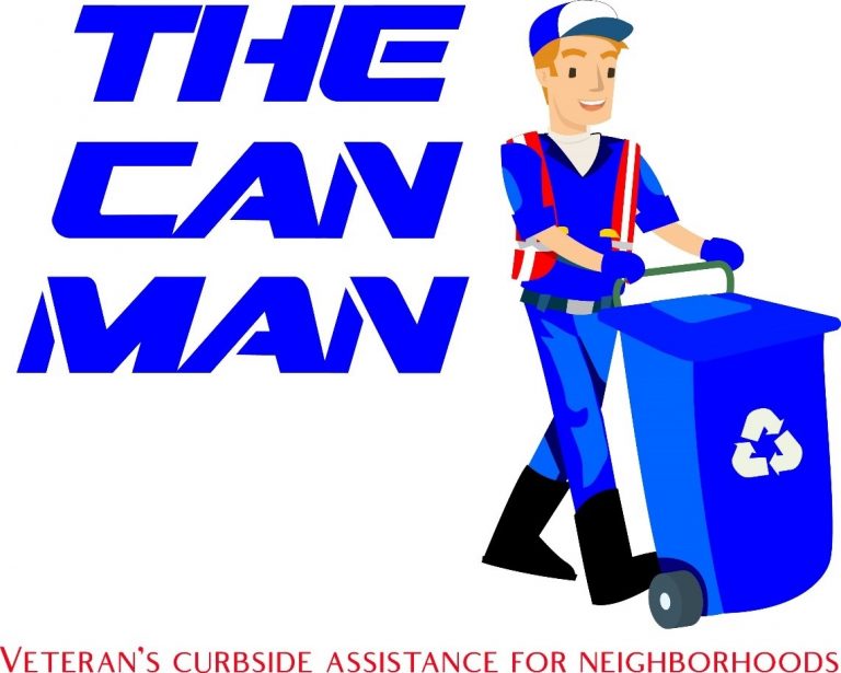The Can Man mascot rolling a blue recycling bin